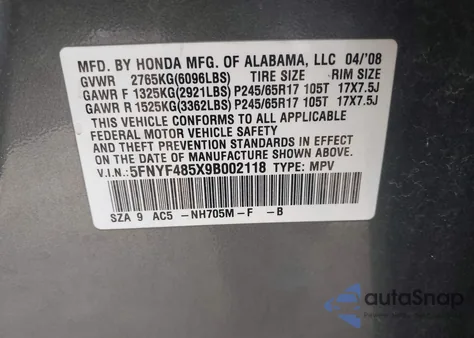 2009 Honda Pilot Ex-L z USA, uszkodzony, nr VIN 5FNYF485X9B002118
